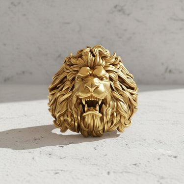 Close-up of the King of the Beasts lion ring, showcasing the handcrafted artistry in the flowing mane and fierce jaw.