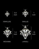 Size comparison chart showing griffin pendant available in XS, S, M, L sizes from 0.4 to 1.8 inches