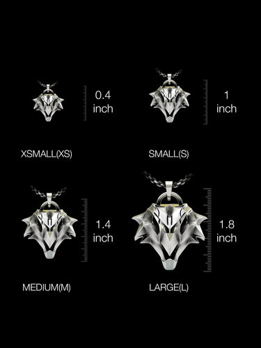 Size comparison chart showing griffin pendant available in XS, S, M, L sizes from 0.4 to 1.8 inches