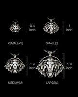 Size comparison chart of the Silver Lion Pendant in XS, S, M, and L, with dimensions ranging from 0.4 to 1.8 inches high.