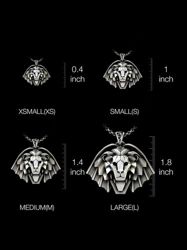 Size comparison chart of the Silver Lion Pendant in XS, S, M, and L, with dimensions ranging from 0.4 to 1.8 inches high.