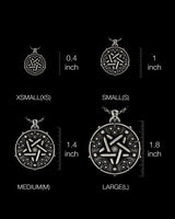 Size comparison chart showing four different sizes of silver pentagram medallion pendants with measurements