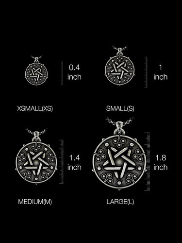 Size comparison chart showing four different sizes of silver pentagram medallion pendants with measurements