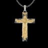 Handmade silver crucifix pendant with a gold vermeil Jesus figure on a textured cross, shown on a sterling silver chain.