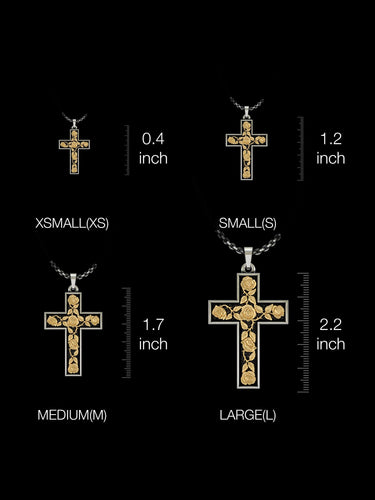 Size comparison chart for the silver rose cross pendant, showing XSMALL, SMALL, MEDIUM, and LARGE options from 0.4 to 2.2 inches.