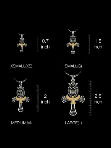 Size comparison chart for the Egyptian Ankh Pendant, showing XS, S, M, and L options from 0.7 to 2.5 inches high.