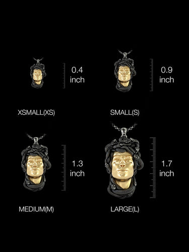Size comparison chart showing four different Medusa pendant sizes from 0.4 to 1.7 inches with measurement rulers