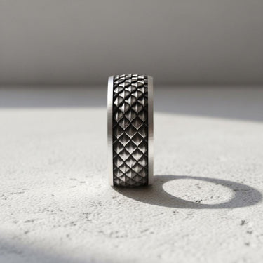 Men's 925 sterling silver Dragon Scale Ring, a close-up front view showcasing the band's width and detailed craftsmanship.