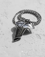 Close-up of the sterling silver Elvish Leaf Pendant, showcasing the artisanal quality and antique finish of the piece.