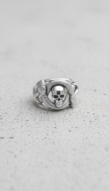 925 sterling silver snake skull ring featuring double headed serpent wrapping a central skull