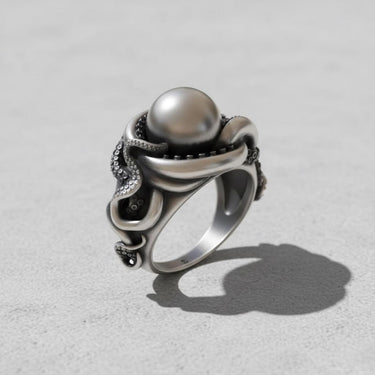 Side profile of a 925 sterling silver octopus ring showing the intricate tentacle band design and oxidized finish.