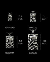 Size comparison chart for the Silver Wisdom Pendant, showing XS, S, M, and L options against an inch ruler.