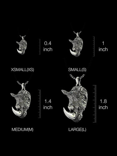 Size comparison chart for the silver rhino pendant, displaying XS, S, M, and L options with inch measurements.
