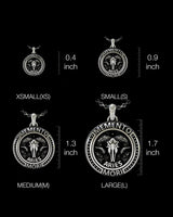 Size comparison chart of silver Aries pendant available in XS, S, M, and L sizes from 0.4 to 1.7 inches