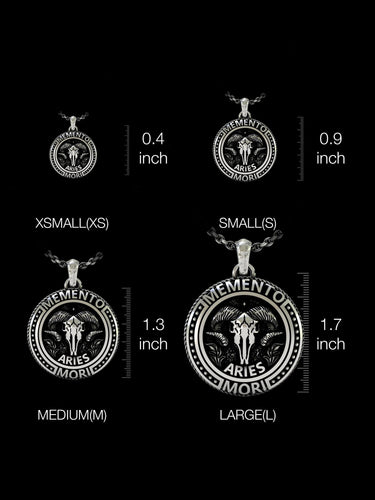 Size comparison chart of silver Aries pendant available in XS, S, M, and L sizes from 0.4 to 1.7 inches