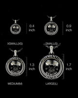 Size comparison chart of Gemini zodiac pendant showing XS to L sizes from 0.4 to 1.7 inches with detailed measurements