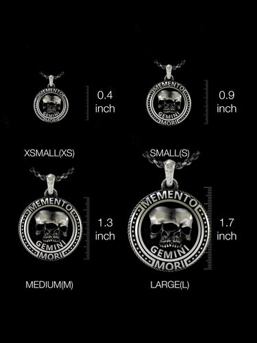 Size comparison chart of Gemini zodiac pendant showing XS to L sizes from 0.4 to 1.7 inches with detailed measurements