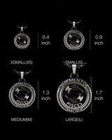 Size comparison chart showing Pisces zodiac pendant in four sizes from 0.4 to 1.7 inches with chains