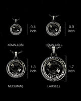 Size comparison chart for the Silver Pisces Mori Pendant, displaying XS, S, M, and L options from 0.4 to 1.7 inches.
