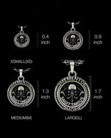 Size comparison of the Sagittarius Skull Pendant, showing XSMALL, SMALL, MEDIUM, and LARGE options against a black background.