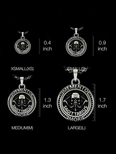 Size comparison of the Sagittarius Skull Pendant, showing XSMALL, SMALL, MEDIUM, and LARGE options against a black background.