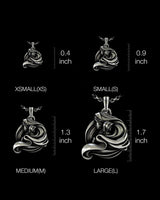 Four sizes of goddess pendant necklace from extra small to large with measurements displayed on chain