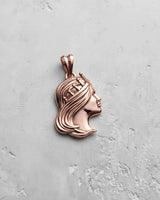 Silver Virgo Queen Pendant in a polished rose gold finish, showing the side profile of the maiden with a delicate crown.