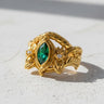 Gold vermeil double headed dragon ring with marquise emerald gemstone and detailed scales