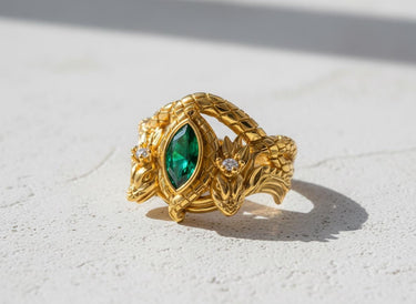 Gold vermeil double headed dragon ring with marquise emerald gemstone and detailed scales