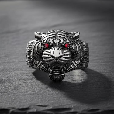 Oxidized sterling silver tiger ring for men, displaying a symmetrical front-facing view with piercing red eyes.