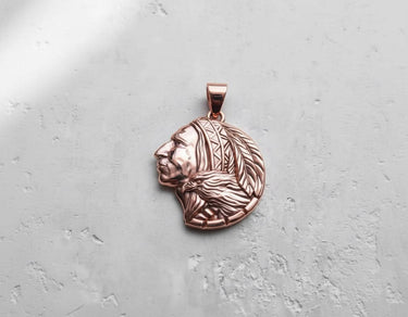 Rose gold-plated Silver Indian Chief Pendant, displaying the warm metallic tone and expert craftsmanship of the amulet.