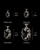 Sterling silver wolf pendant size guide showing four options from XSMALL (0.4 inch) to LARGE (1.8 inch) for comparison.