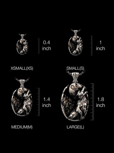 Sterling silver wolf pendant size guide showing four options from XSMALL (0.4 inch) to LARGE (1.8 inch) for comparison.