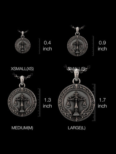 Size comparison guide for the silver Libra pendant, showing XSmall, Small, Medium, and Large options with measurements in inches.