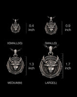 Size comparison of the sterling silver Taurus pendant, showing XS, S, M, and L options with inch measurements against a black background.