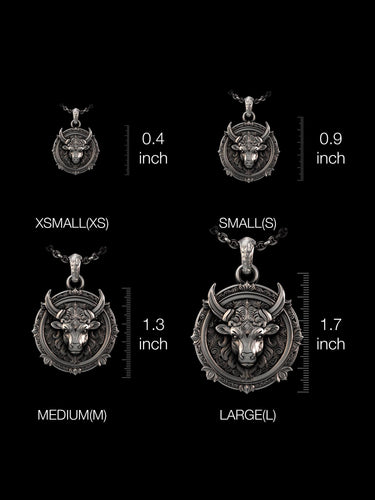 Size comparison of the sterling silver Taurus pendant, showing XS, S, M, and L options with inch measurements against a black background.