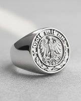 Detailed 925 sterling silver Gott Mit Uns ring featuring German Coat of Arms eagle and oak leaves on grey background
