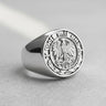 Detailed 925 sterling silver Gott Mit Uns ring featuring German Coat of Arms eagle and oak leaves on grey background