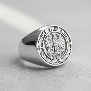 Detailed 925 sterling silver Gott Mit Uns ring featuring German Coat of Arms eagle and oak leaves on grey background