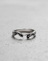 Front view of the adjustable Silver Creation of Adam Ring, showing the near-touching hands on a light gray background.
