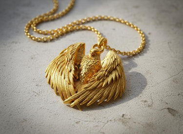 The eagle attack wings pendant in a polished gold-plated finish, displaying the intricate sculptural craftsmanship.