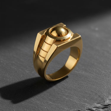 Angled view of the gold-plated version of the Silver Lantern Ring, highlighting the band's carved lines and bold shape.