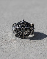 Front view of the Silver Ring of Lucii, showcasing the detailed royal crest and sigil on an oxidized 925 silver band.