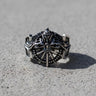Front view of the Silver Ring of Lucii, showcasing the detailed royal crest and sigil on an oxidized 925 silver band.