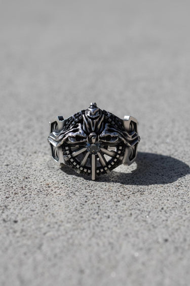 Front view of the Silver Ring of Lucii, showcasing the detailed royal crest and sigil on an oxidized 925 silver band.