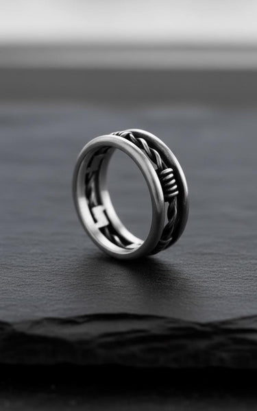Angled view of the handcrafted silver barbed wire ring, revealing the unique geometric pattern on the inside of the band.