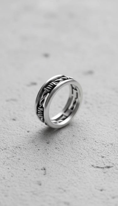 Silver barbed wire ring with a detailed, twisted wire design, shown at an angle on a light gray textured surface.