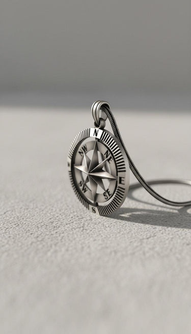 Close-up side view of the 925 silver compass pendant, highlighting the detailed ridged bezel and oxidized finish.