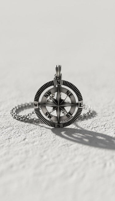 Handmade silver compass pendant with North Star design and cardinal points, lying flat on a textured white surface.