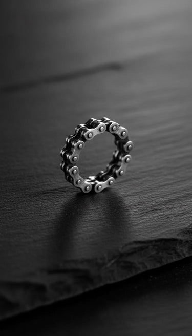 Handcrafted 925 silver bicycle chain ring for men, showcased on a dark slate background highlighting its metallic sheen.